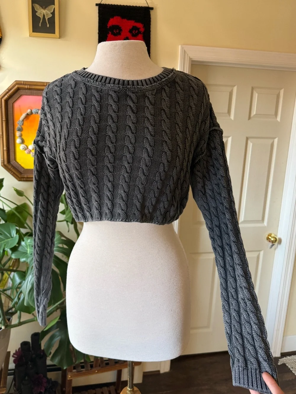 Free People Charcoal Gray Cropped Cable Knit Long Sleeve Cotton Sweater